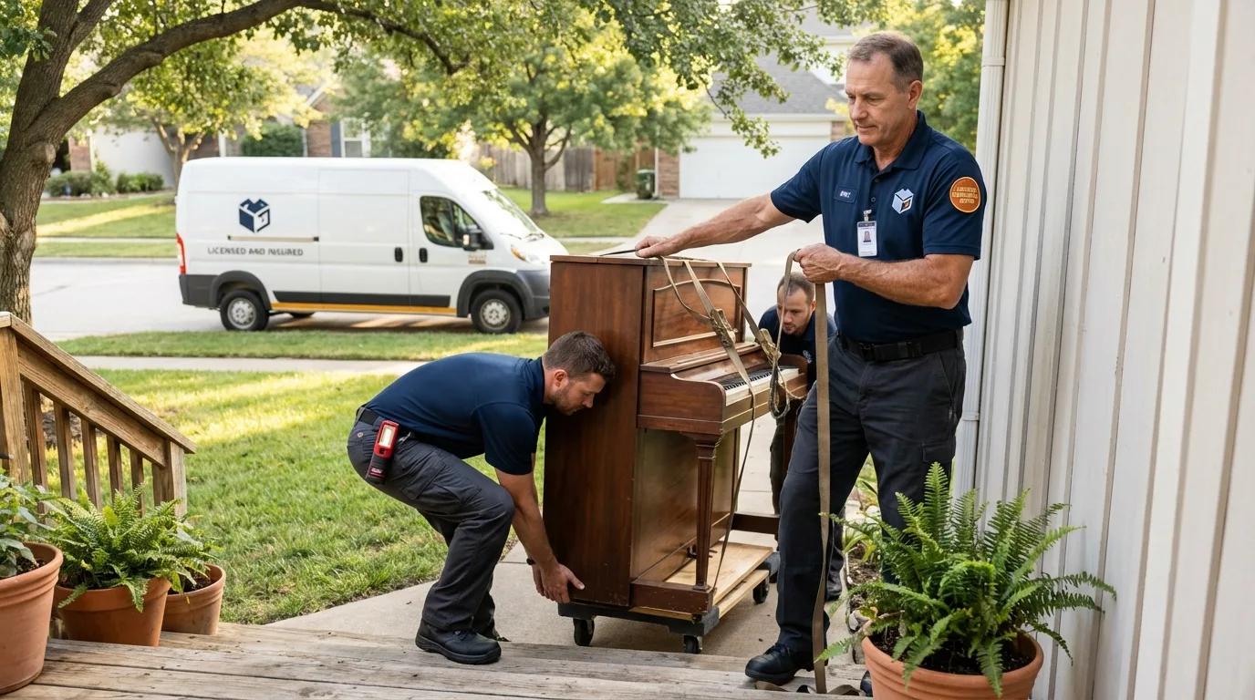 Licensed piano movers securing grand piano in Bellport, NY