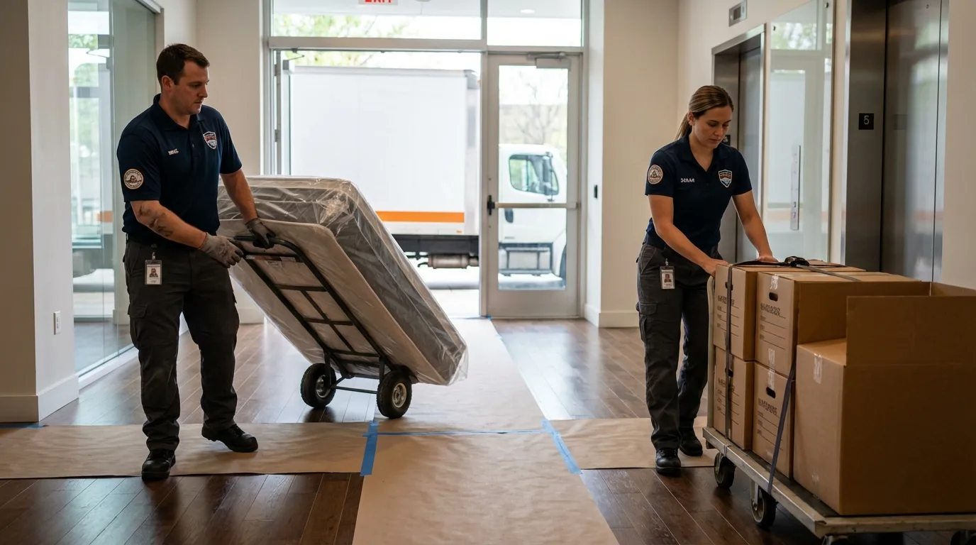 Professional apartment movers loading elevator in Bellport, NY